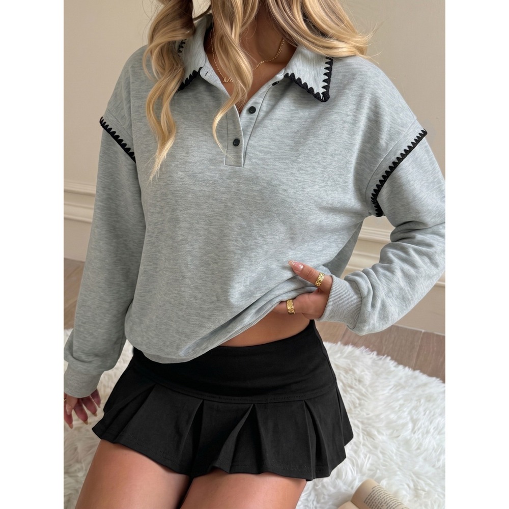 Polo Collar Dropped Shoulder Sweatshirt - Small - Picture 4 of 14